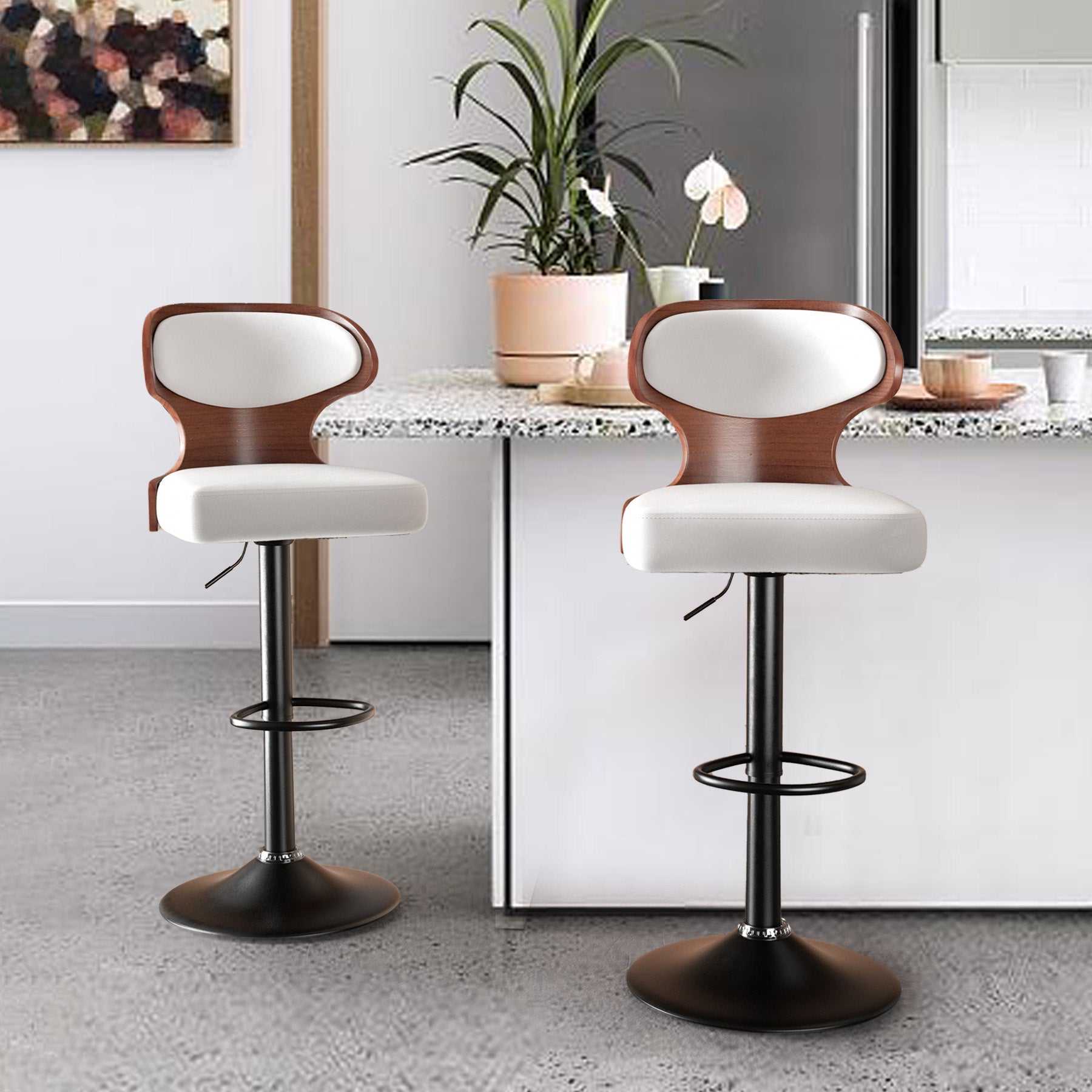 Bar Stools Set Of 2, Bentwood Swivel Barstools Seat Adjustable Height 24.5-33.5IN With Back & Footrest - PU Leather Upholstered Bar Chair For Dining Room