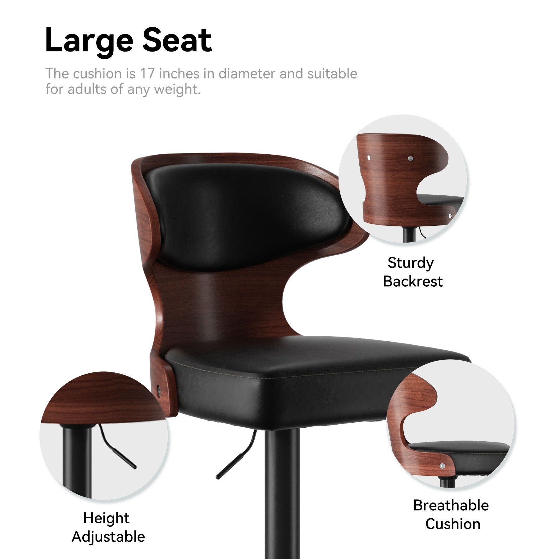 Bar Stools Set Of 2, Bentwood Swivel Barstools Seat Adjustable Height 24.5-33.5IN With Back & Footrest - PU Leather Upholstered Bar Chair For Dining Room