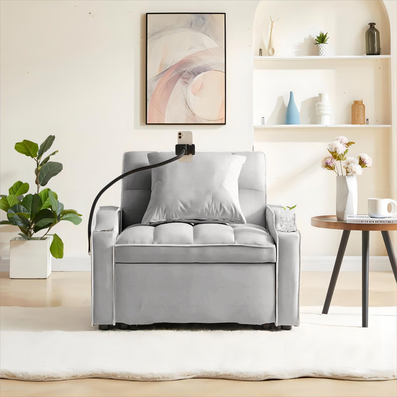 Convertible Sleeper Chair Sofa Bed Adjustable Pull Out Sleeper Chair Bed Multi-Pockets Folding Sofa