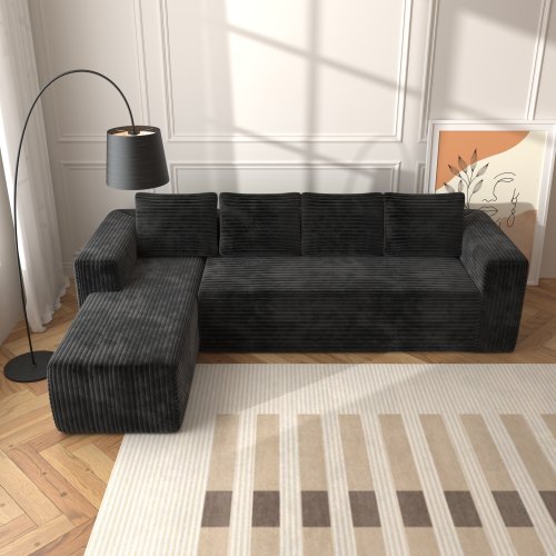 Cloud Sectional Couch With L-Shape Chaise,Modern Modular Sofa With Deep Seat, Upholstered Couches With Right Facing Chaise For Living Room Bedroom, No Assembly Required, Black Plush Corduroy Fabric