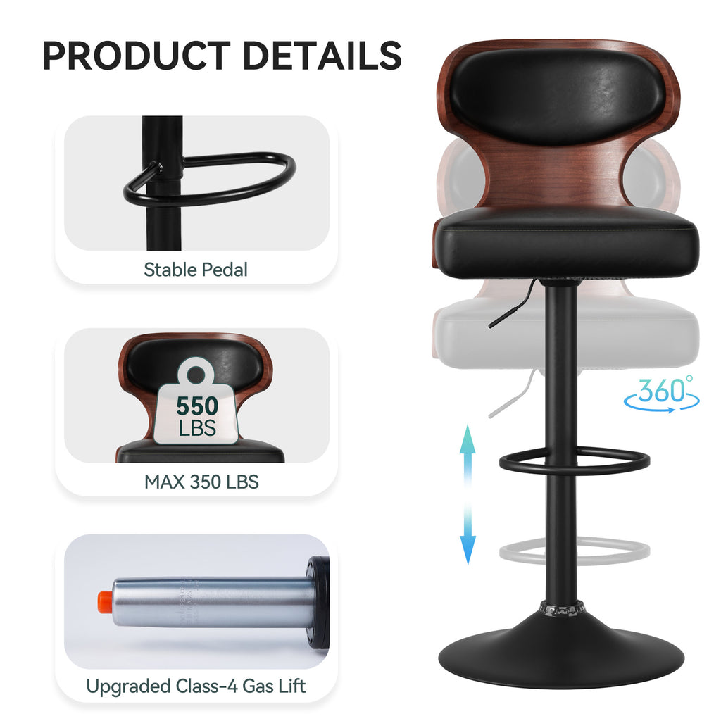 Bar Stools Set Of 2, Bentwood Swivel Barstools Seat Adjustable Height 24.5-33.5IN With Back & Footrest - PU Leather Upholstered Bar Chair For Dining Room