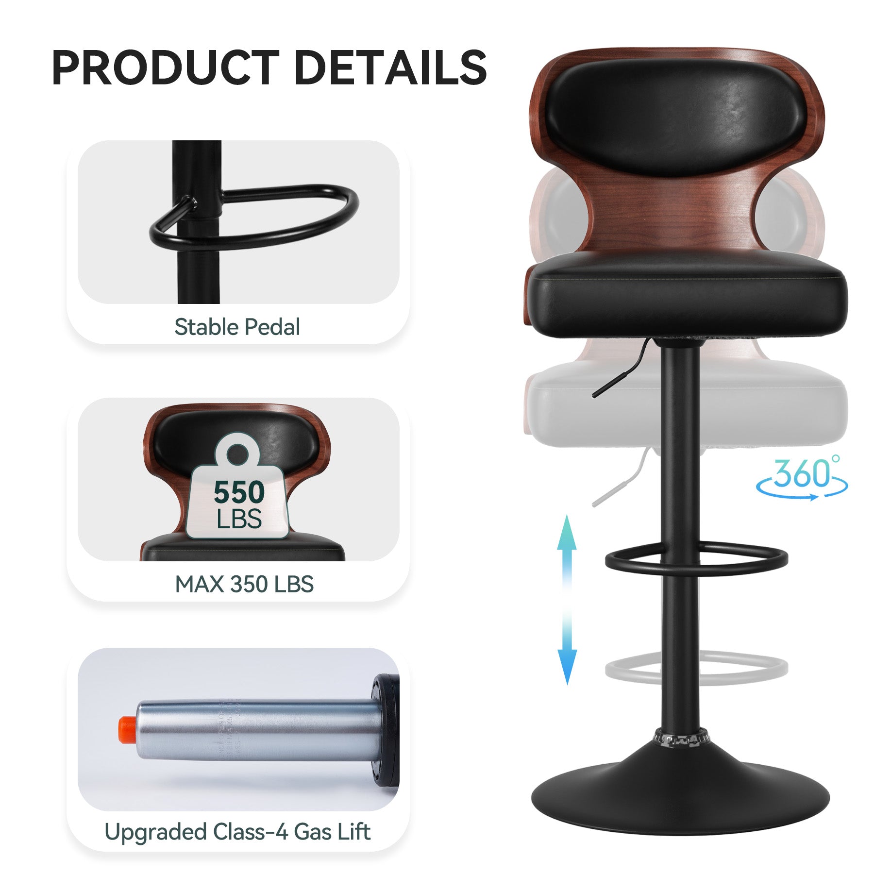 Bar Stools Set Of 2, Bentwood Swivel Barstools Seat Adjustable Height 24.5-33.5IN With Back & Footrest - PU Leather Upholstered Bar Chair For Dining Room
