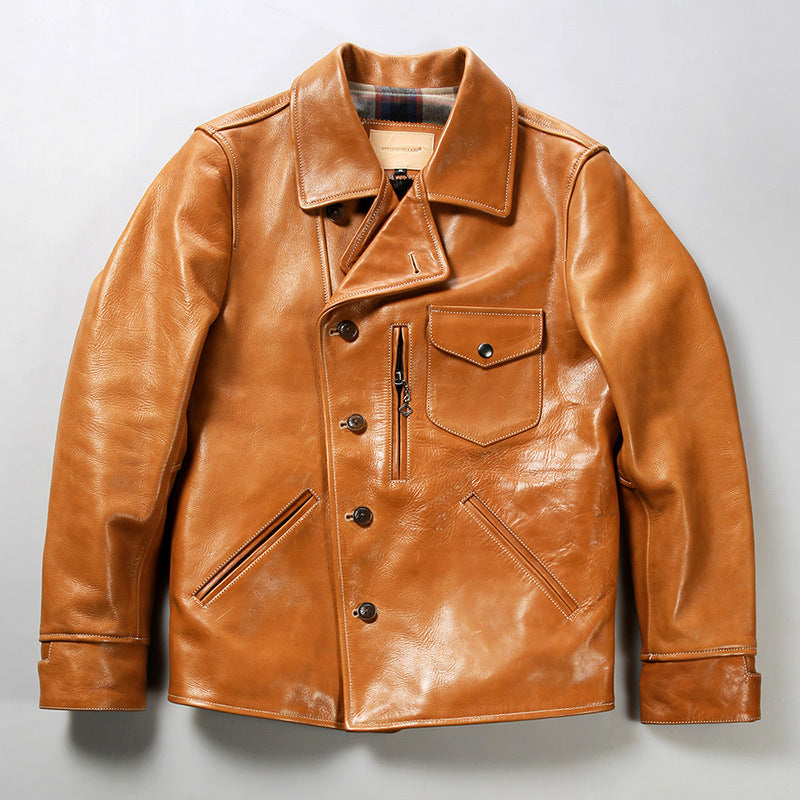 Bear Leather Jacket Men's Lapel Oil Wax Cowhide Coat