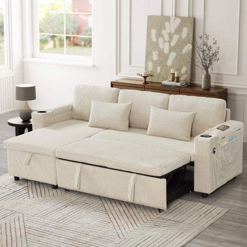3 In 1 Convertible Corduroy Sofa Bed With Storage Chaise, L Shaped Sleeper Sofa Couches With Armrest Storage And Charging Station. Pullout Sectional Daybed For Living RoomBedroomOffice, Grey