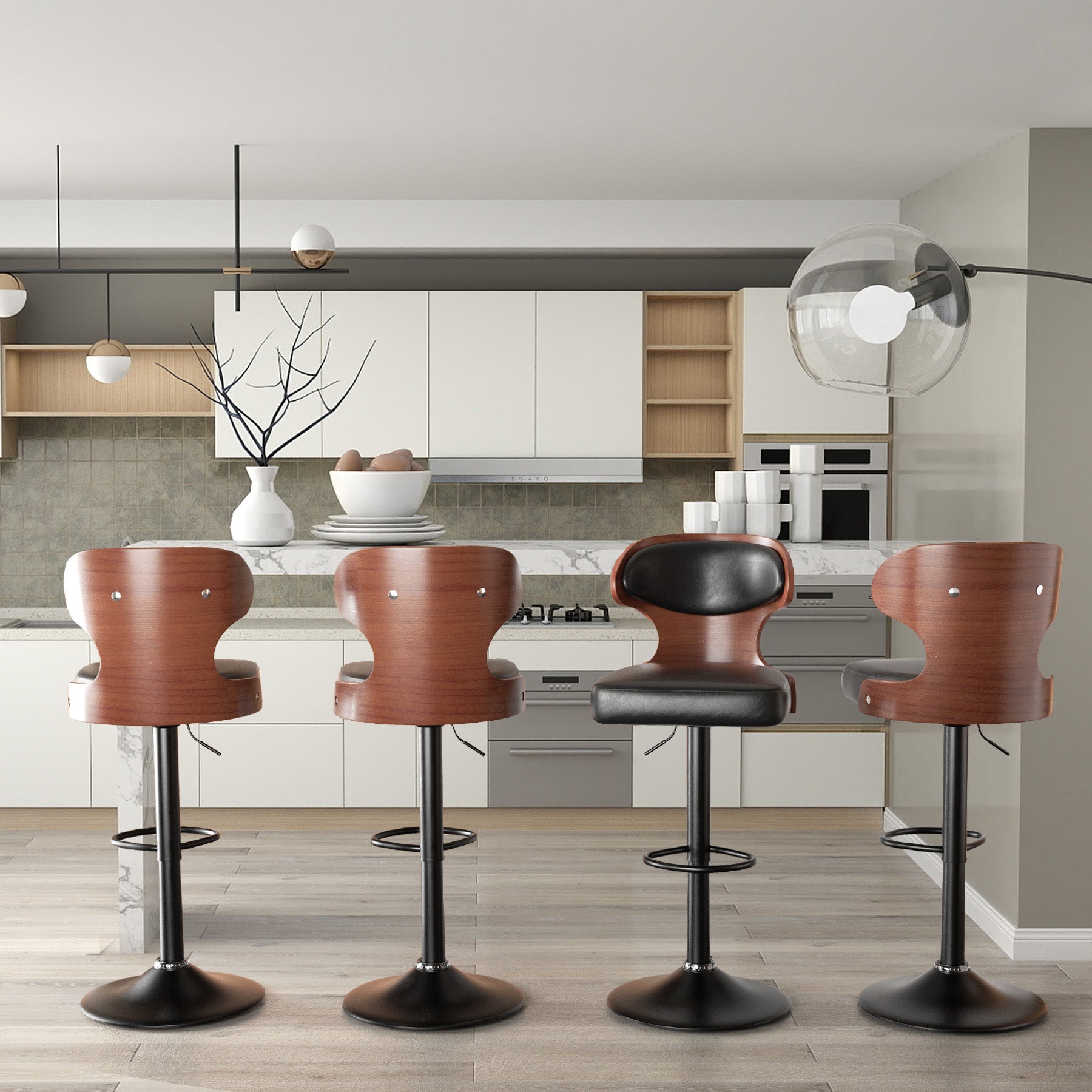 Bar Stools Set Of 2, Bentwood Swivel Barstools Seat Adjustable Height 24.5-33.5IN With Back & Footrest - PU Leather Upholstered Bar Chair For Dining Room