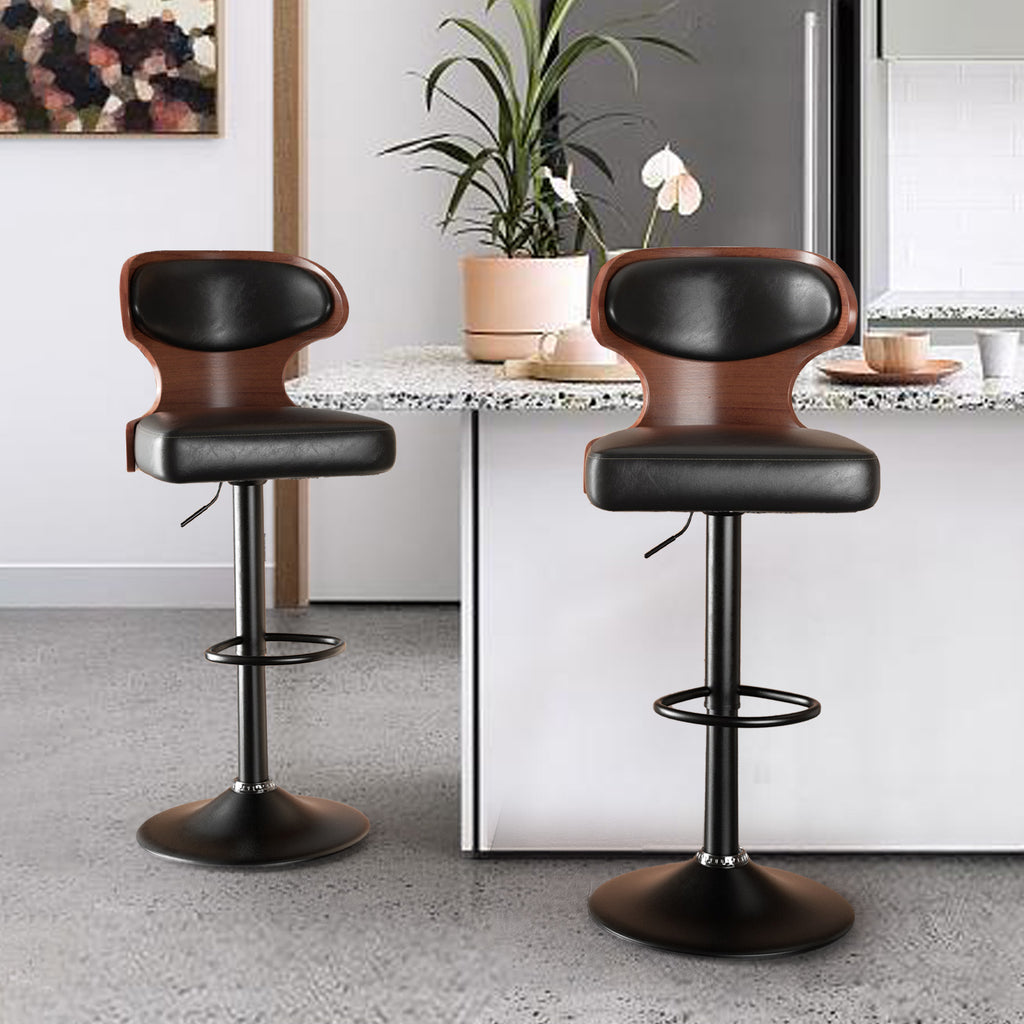 Bar Stools Set Of 2, Bentwood Swivel Barstools Seat Adjustable Height 24.5-33.5IN With Back & Footrest - PU Leather Upholstered Bar Chair For Dining Room