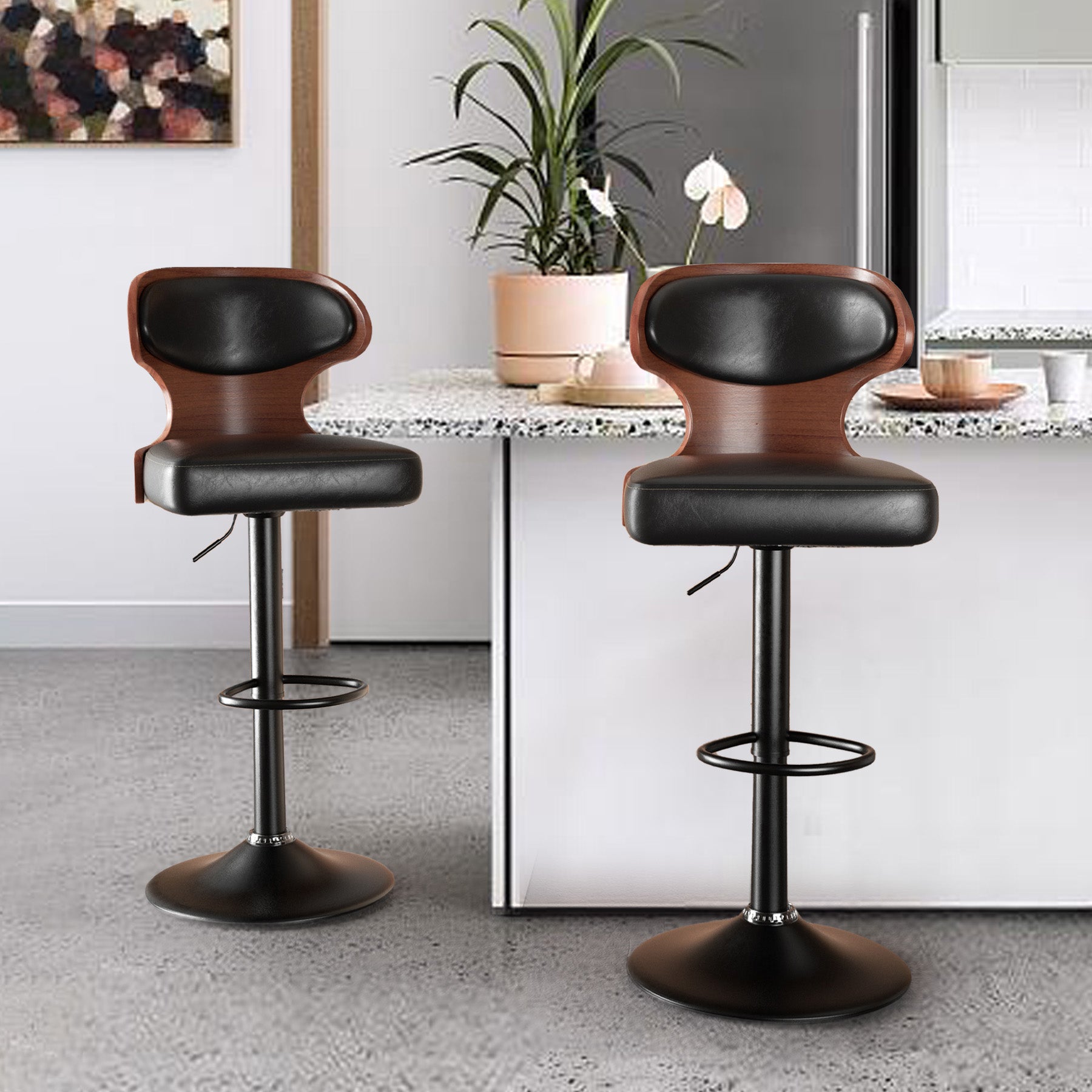 Bar Stools Set Of 2, Bentwood Swivel Barstools Seat Adjustable Height 24.5-33.5IN With Back & Footrest - PU Leather Upholstered Bar Chair For Dining Room