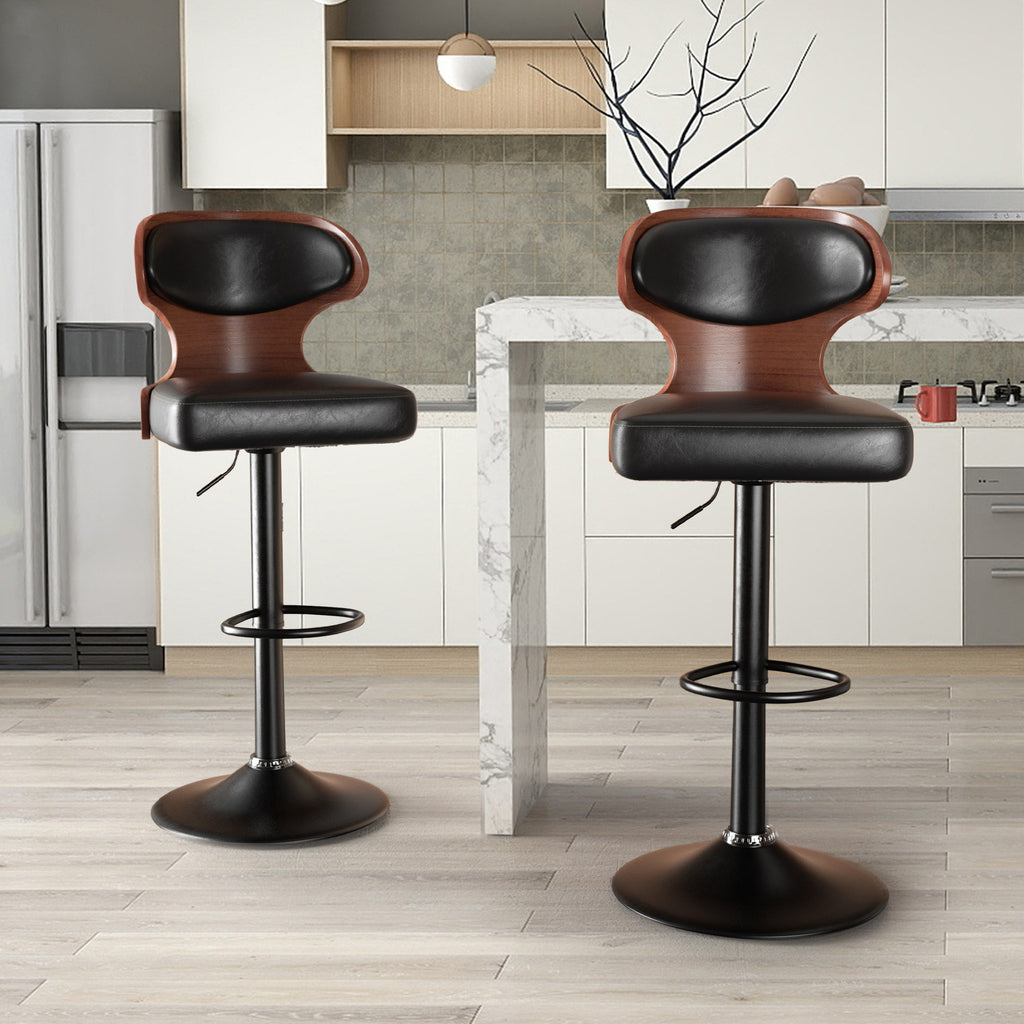 Bar Stools Set Of 2, Bentwood Swivel Barstools Seat Adjustable Height 24.5-33.5IN With Back & Footrest - PU Leather Upholstered Bar Chair For Dining Room