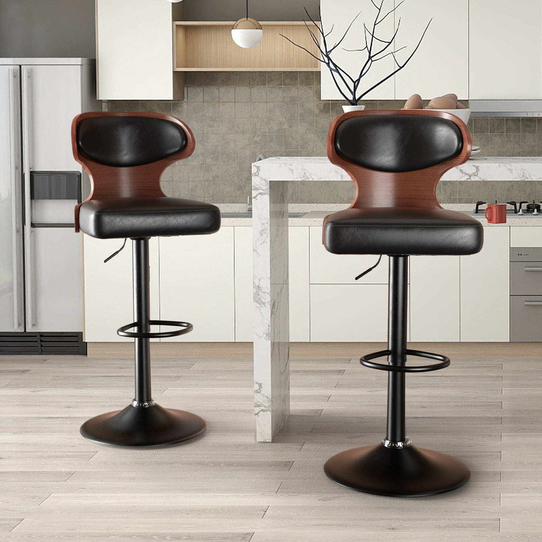 Bar Stools Set Of 2, Bentwood Swivel Barstools Seat Adjustable Height 24.5-33.5IN With Back & Footrest - PU Leather Upholstered Bar Chair For Dining Room