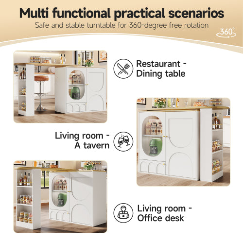 360  Rotating Bar Table Body 138 X 39 X 105 Cm, Coffee Bar Furniture, Rotating Dining Table With Storage Space, Kitchen Island, Two Doors With Shelves, Sideboard, Buffet, White