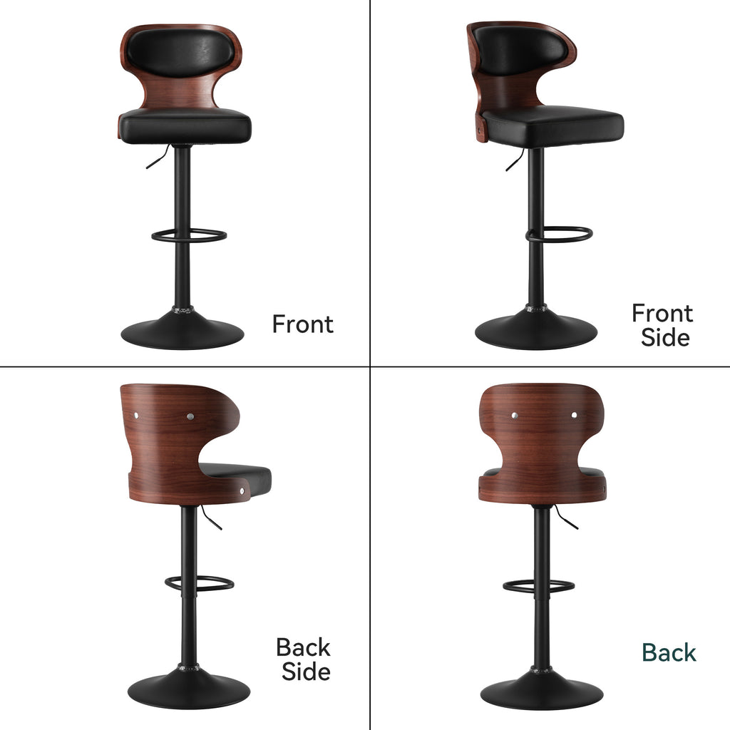 Bar Stools Set Of 2, Bentwood Swivel Barstools Seat Adjustable Height 24.5-33.5IN With Back & Footrest - PU Leather Upholstered Bar Chair For Dining Room