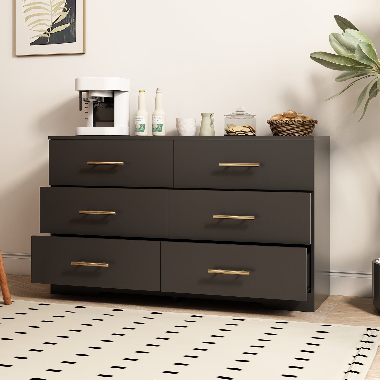 Black Color Large 6 Drawers Chest Of Drawer Dressers Table With Golden Handle