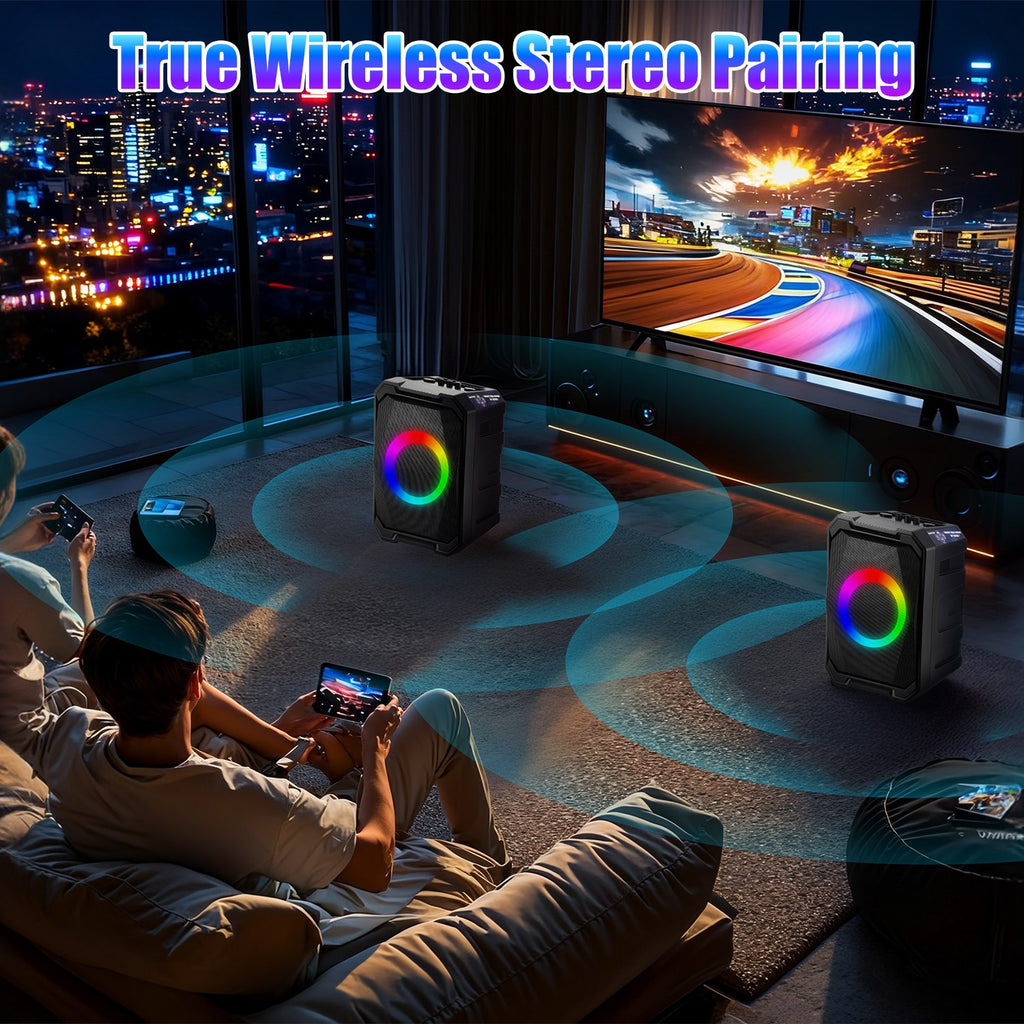 1Pc Portable Wireless Party Speaker With LED Light 2 Wireless Mics Remote Control TWS Music Accompany Mic. Priority Bass Echo Mic Treble Guitar In