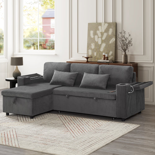 3 In 1 Convertible Corduroy Sofa Bed With Storage Chaise, L Shaped Sleeper Sofa Couches With Armrest Storage And Charging Station. Pullout Sectional Daybed For Living RoomBedroomOffice, Grey