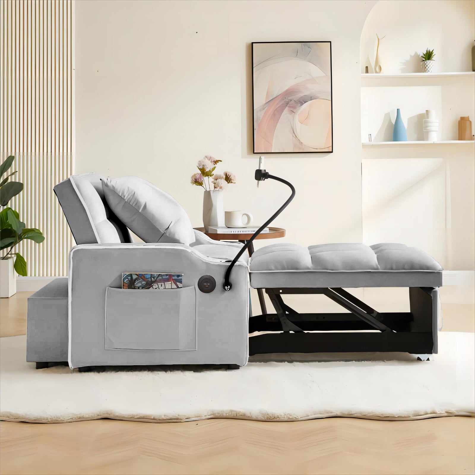 Convertible Sleeper Chair Sofa Bed Adjustable Pull Out Sleeper Chair Bed Multi-Pockets Folding Sofa