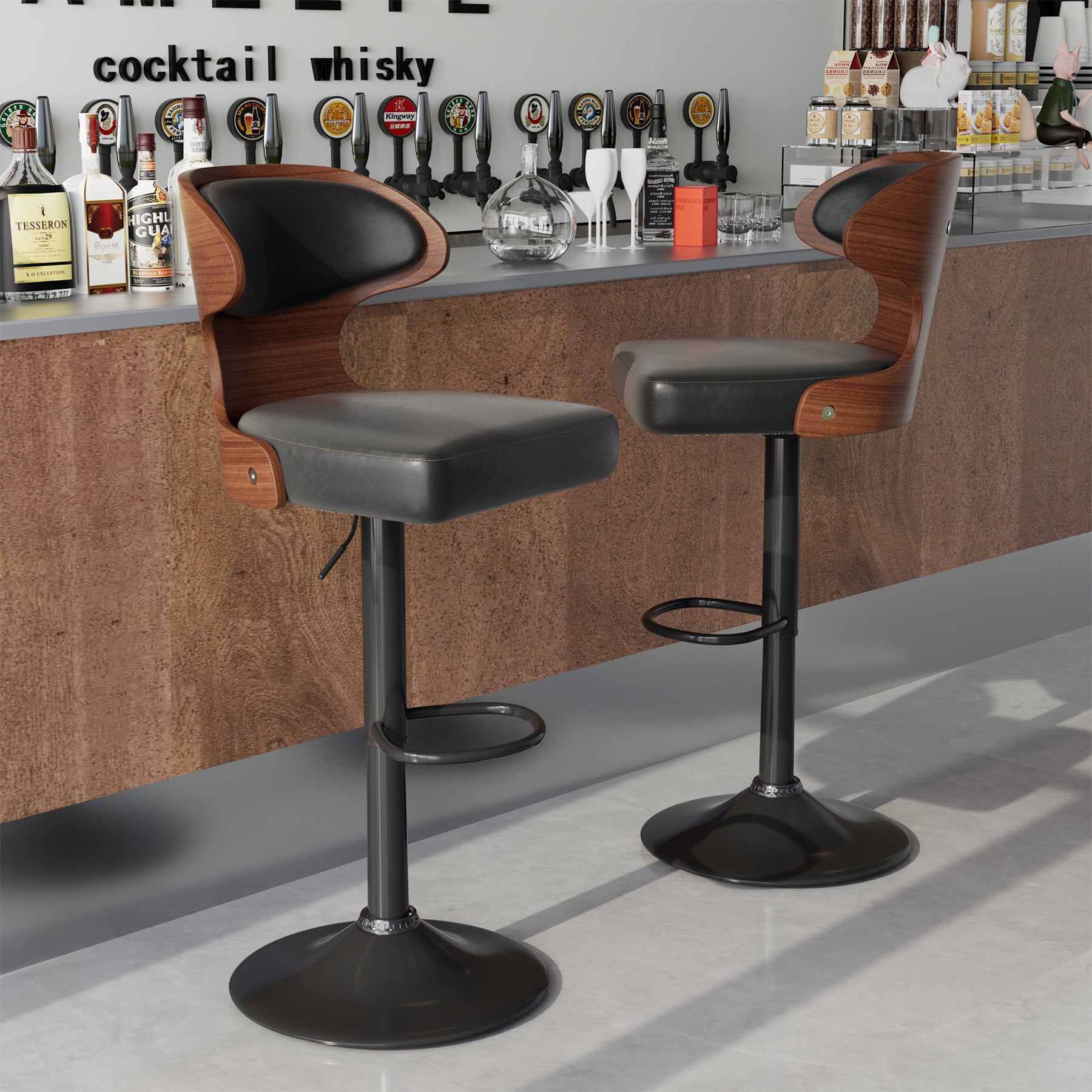 Bar Stools Set Of 2, Bentwood Swivel Barstools Seat Adjustable Height 24.5-33.5IN With Back & Footrest - PU Leather Upholstered Bar Chair For Dining Room