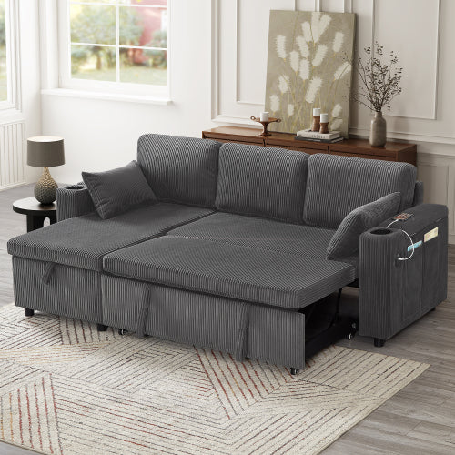 3 In 1 Convertible Corduroy Sofa Bed With Storage Chaise, L Shaped Sleeper Sofa Couches With Armrest Storage And Charging Station. Pullout Sectional Daybed For Living RoomBedroomOffice, Grey