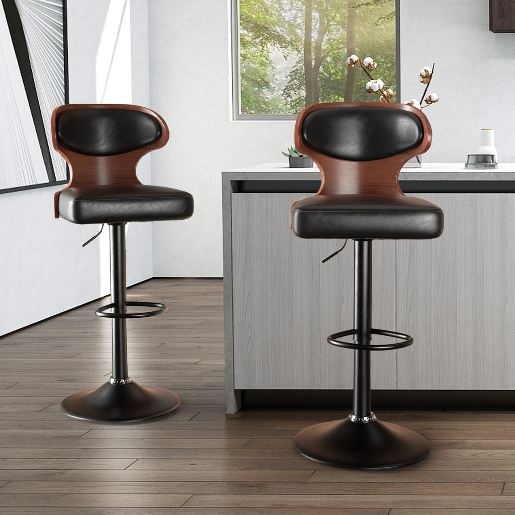 Bar Stools Set Of 2, Bentwood Swivel Barstools Seat Adjustable Height 24.5-33.5IN With Back & Footrest - PU Leather Upholstered Bar Chair For Dining Room