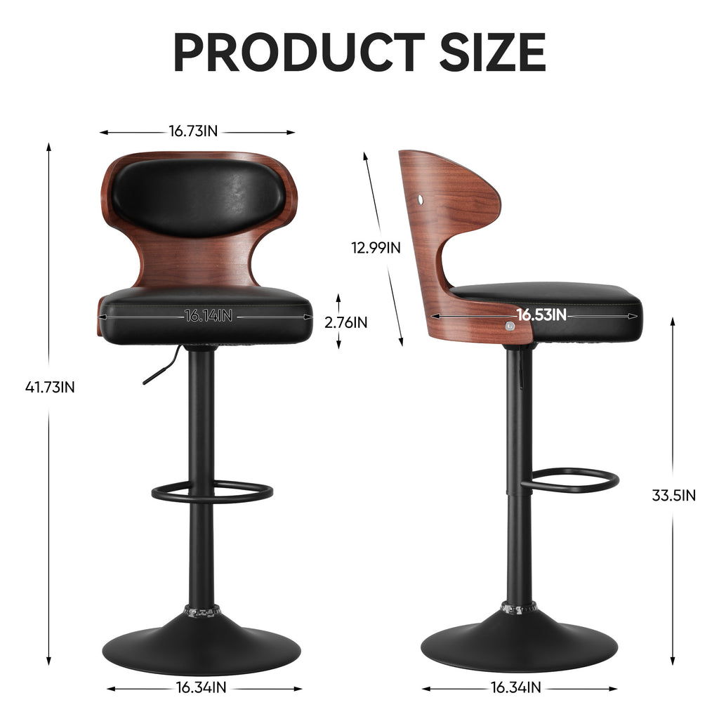 Bar Stools Set Of 2, Bentwood Swivel Barstools Seat Adjustable Height 24.5-33.5IN With Back & Footrest - PU Leather Upholstered Bar Chair For Dining Room