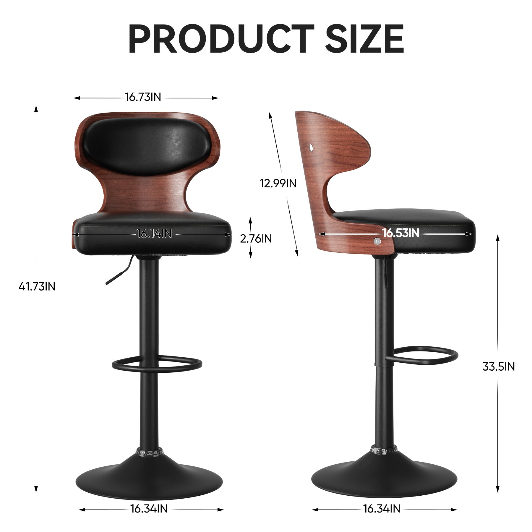 Bar Stools Set Of 2, Bentwood Swivel Barstools Seat Adjustable Height 24.5-33.5IN With Back & Footrest - PU Leather Upholstered Bar Chair For Dining Room