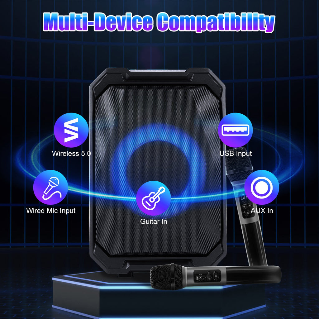 1Pc Portable Wireless Party Speaker With LED Light 2 Wireless Mics Remote Control TWS Music Accompany Mic. Priority Bass Echo Mic Treble Guitar In