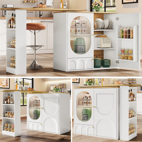 360  Rotating Bar Table Body 138 X 39 X 105 Cm, Coffee Bar Furniture, Rotating Dining Table With Storage Space, Kitchen Island, Two Doors With Shelves, Sideboard, Buffet, White