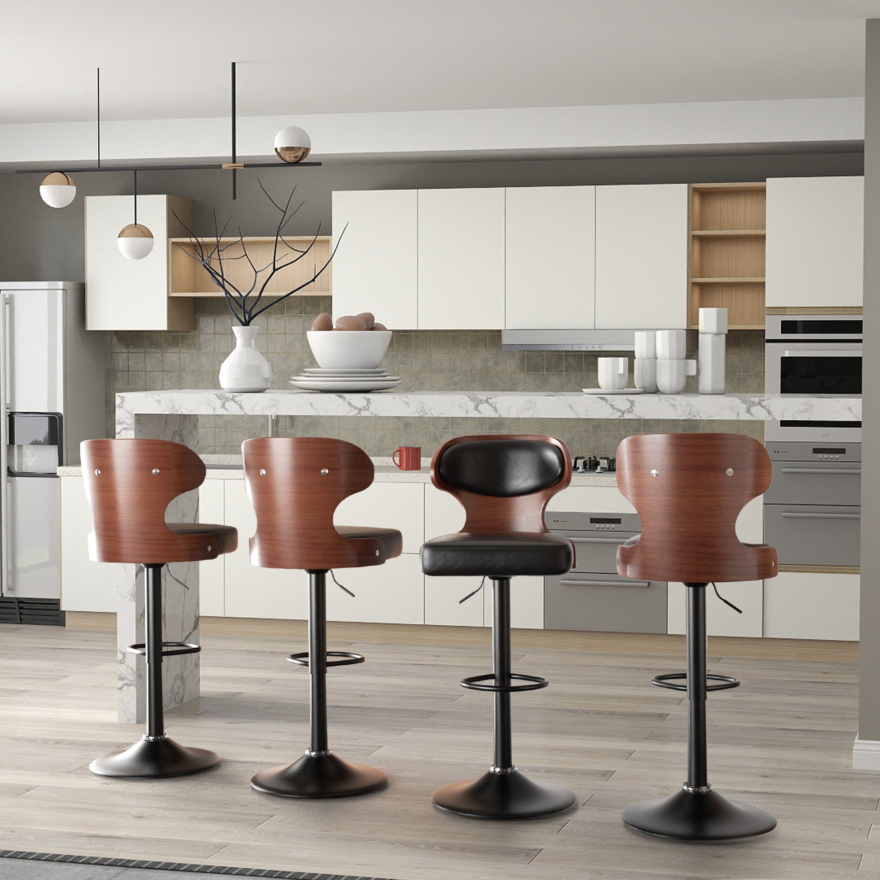 Bar Stools Set Of 2, Bentwood Swivel Barstools Seat Adjustable Height 24.5-33.5IN With Back & Footrest - PU Leather Upholstered Bar Chair For Dining Room