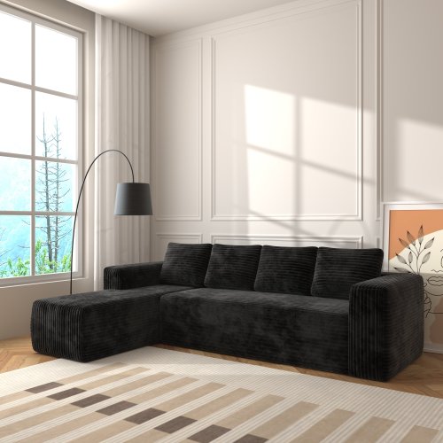 Cloud Sectional Couch With L-Shape Chaise,Modern Modular Sofa With Deep Seat, Upholstered Couches With Right Facing Chaise For Living Room Bedroom, No Assembly Required, Black Plush Corduroy Fabric